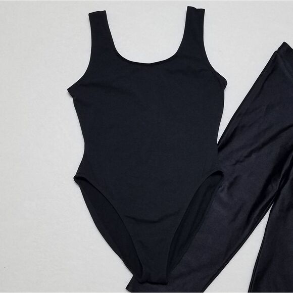 Vintage 1980s Black Aerobics Cropped Tights Leggings High Rise Bodysuit Set Med - Picture 5 of 14